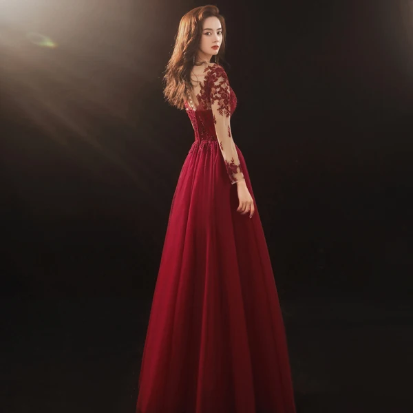 Illusion Burgundy Prom Dresses 2020 A-Line / Princess See-through Scoop Neck 3/4 Sleeve Appliques Lace Sequins Floor-Length / Long Ruffle Formal Dresses