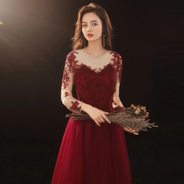 Illusion Burgundy Prom Dresses 2020 A-Line / Princess See-through Scoop Neck 3/4 Sleeve Appliques Lace Sequins Floor-Length / Long Ruffle Formal Dresses