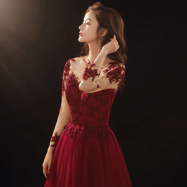 Illusion Burgundy Prom Dresses 2020 A-Line / Princess See-through Scoop Neck 3/4 Sleeve Appliques Lace Sequins Floor-Length / Long Ruffle Formal Dresses