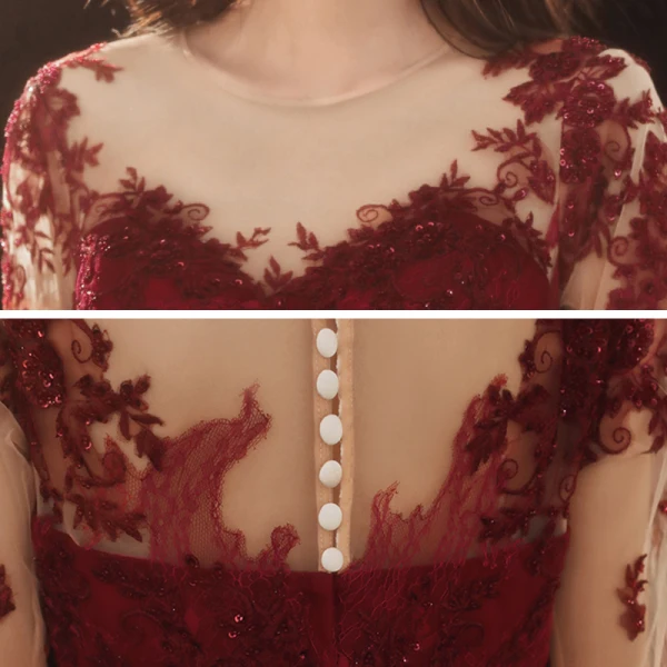 Illusion Burgundy Prom Dresses 2020 A-Line / Princess See-through Scoop Neck 3/4 Sleeve Appliques Lace Sequins Floor-Length / Long Ruffle Formal Dresses
