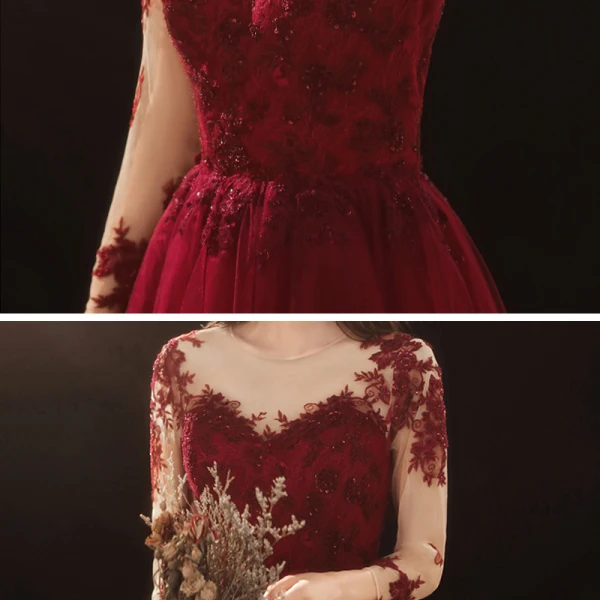 Illusion Burgundy Prom Dresses 2020 A-Line / Princess See-through Scoop Neck 3/4 Sleeve Appliques Lace Sequins Floor-Length / Long Ruffle Formal Dresses