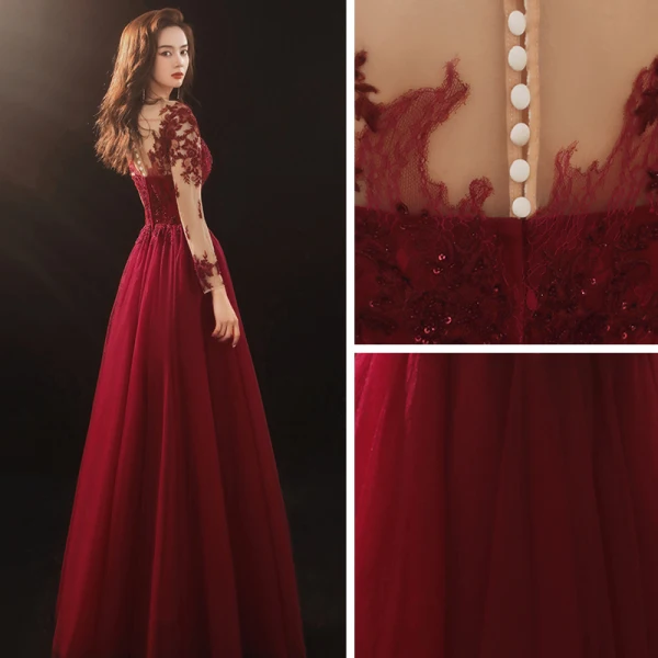 Illusion Burgundy Prom Dresses 2020 A-Line / Princess See-through Scoop Neck 3/4 Sleeve Appliques Lace Sequins Floor-Length / Long Ruffle Formal Dresses