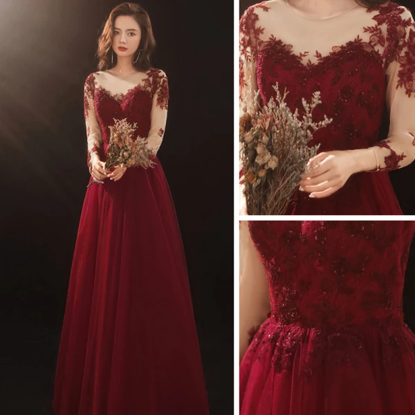 Illusion Burgundy Prom Dresses 2020 A-Line / Princess See-through Scoop Neck 3/4 Sleeve Appliques Lace Sequins Floor-Length / Long Ruffle Formal Dresses