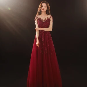 Romantique Bordeaux Robe De Bal 2020 Princesse Transparentes Encolure Dégagée Manches Longues Appliques Fleur Perlage Longue Volants Robe De Ceremonie