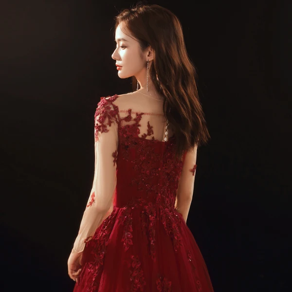 Romantic Burgundy Prom Dresses 2020 A-Line / Princess See-through Scoop Neck Long Sleeve Appliques Flower Beading Floor-Length / Long Ruffle Formal Dresses