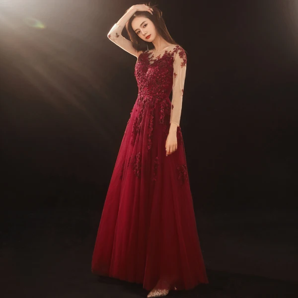 Romantic Burgundy Prom Dresses 2020 A-Line / Princess See-through Scoop Neck Long Sleeve Appliques Flower Beading Floor-Length / Long Ruffle Formal Dresses