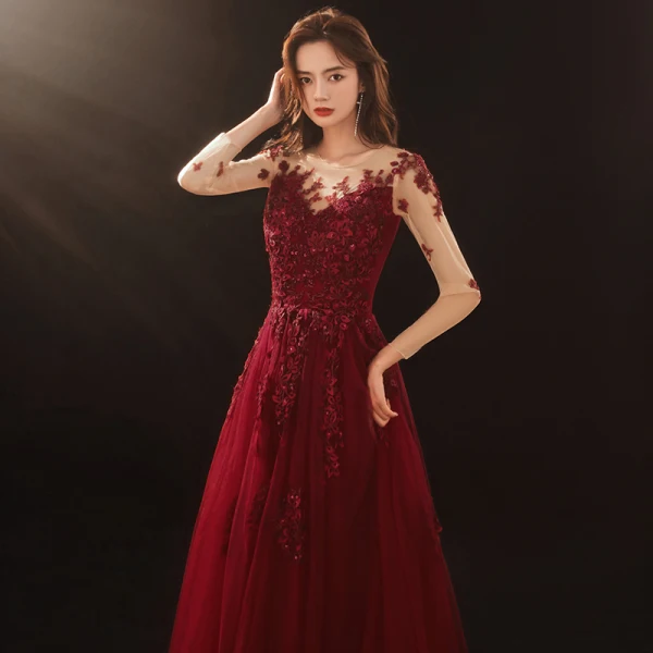 Romantic Burgundy Prom Dresses 2020 A-Line / Princess See-through Scoop Neck Long Sleeve Appliques Flower Beading Floor-Length / Long Ruffle Formal Dresses