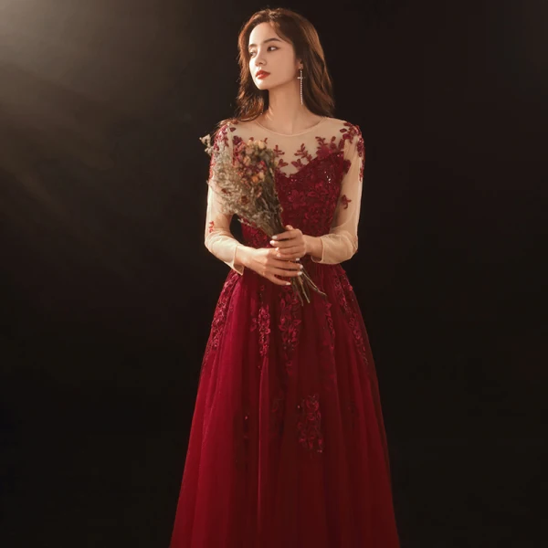 Romantic Burgundy Prom Dresses 2020 A-Line / Princess See-through Scoop Neck Long Sleeve Appliques Flower Beading Floor-Length / Long Ruffle Formal Dresses