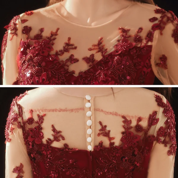 Romantic Burgundy Prom Dresses 2020 A-Line / Princess See-through Scoop Neck Long Sleeve Appliques Flower Beading Floor-Length / Long Ruffle Formal Dresses
