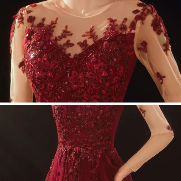 Romantic Burgundy Prom Dresses 2020 A-Line / Princess See-through Scoop Neck Long Sleeve Appliques Flower Beading Floor-Length / Long Ruffle Formal Dresses
