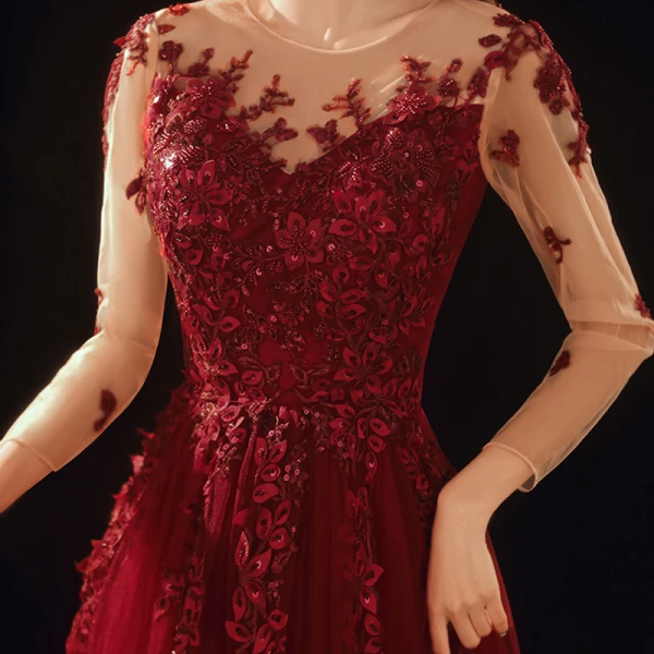Romantic Burgundy Prom Dresses 2020 A-Line / Princess See-through Scoop Neck Long Sleeve Appliques Flower Beading Floor-Length / Long Ruffle Formal Dresses