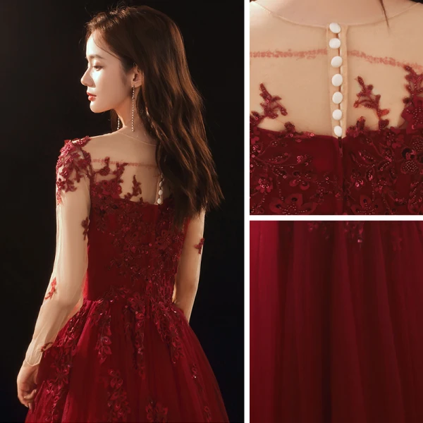 Romantic Burgundy Prom Dresses 2020 A-Line / Princess See-through Scoop Neck Long Sleeve Appliques Flower Beading Floor-Length / Long Ruffle Formal Dresses