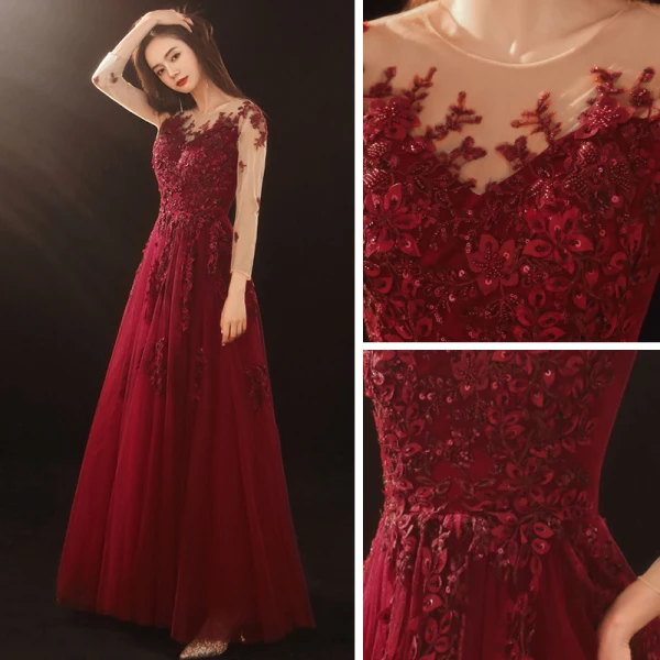 Romantic Burgundy Prom Dresses 2020 A-Line / Princess See-through Scoop Neck Long Sleeve Appliques Flower Beading Floor-Length / Long Ruffle Formal Dresses