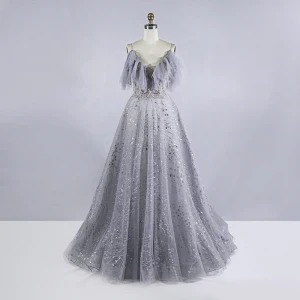 Chic Beautiful Grey Prom Dresses 2020 Ball Gown Spaghetti Straps Sleeveless Beading Sequins Sweep Train Ruffle Backless Formal Dresses