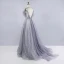Schöne Grau Ballkleider 2020 Ballkleid Spaghettiträger Ärmellos Perlenstickerei Pailletten Sweep / Pinsel Zug Rüschen Rückenfreies Festliche Kleider