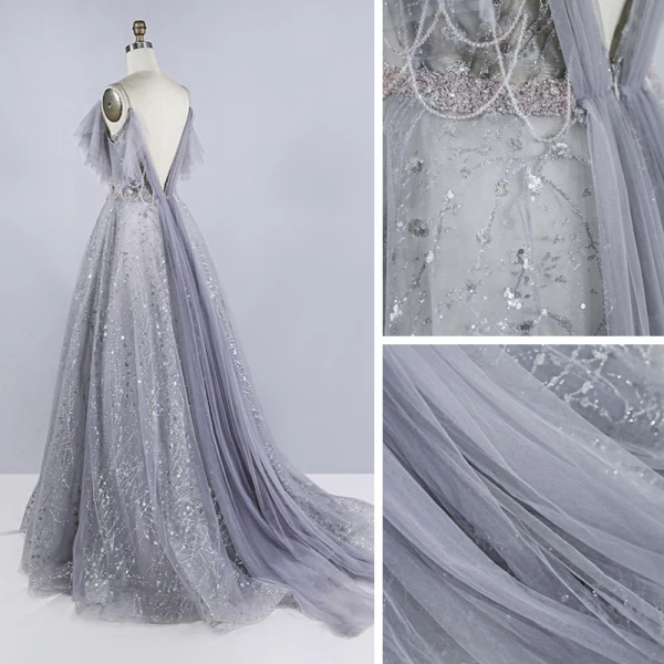 Schöne Grau Ballkleider 2020 Ballkleid Spaghettiträger Ärmellos Perlenstickerei Pailletten Sweep / Pinsel Zug Rüschen Rückenfreies Festliche Kleider