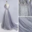 Schöne Grau Ballkleider 2020 Ballkleid Spaghettiträger Ärmellos Perlenstickerei Pailletten Sweep / Pinsel Zug Rüschen Rückenfreies Festliche Kleider