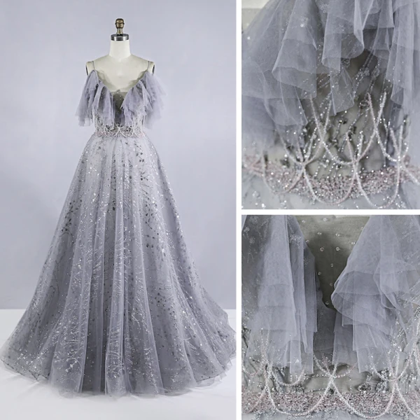 Schöne Grau Ballkleider 2020 Ballkleid Spaghettiträger Ärmellos Perlenstickerei Pailletten Sweep / Pinsel Zug Rüschen Rückenfreies Festliche Kleider