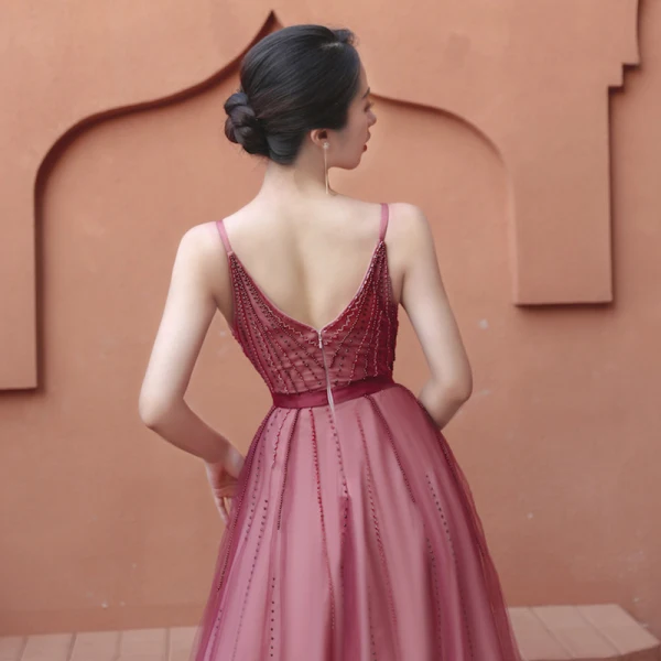 Sexy Burgundy Prom Dresses 2020 A-Line / Princess Spaghetti Straps Sleeveless Beading Rhinestone Floor-Length / Long Ruffle Backless Formal Dresses