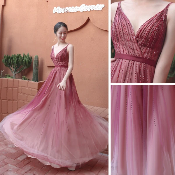 Sexy Burgundy Prom Dresses 2020 A-Line / Princess Spaghetti Straps Sleeveless Beading Rhinestone Floor-Length / Long Ruffle Backless Formal Dresses