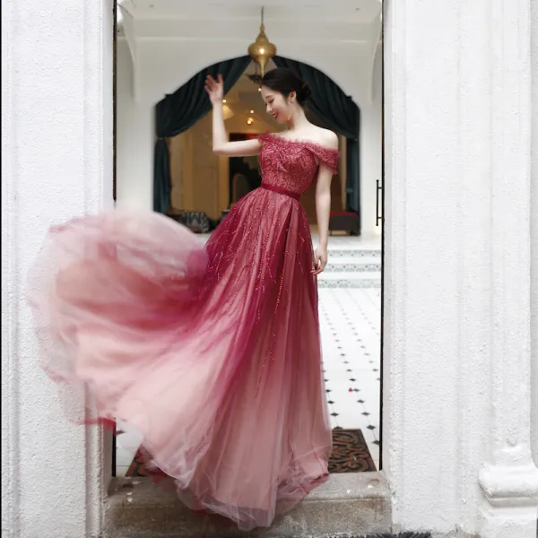 Elegant Red Dancing Prom Dresses 2020 A-Line / Princess Off-The-Shoulder Short Sleeve Sash Beading Floor-Length / Long Ruffle Backless Formal Dresses