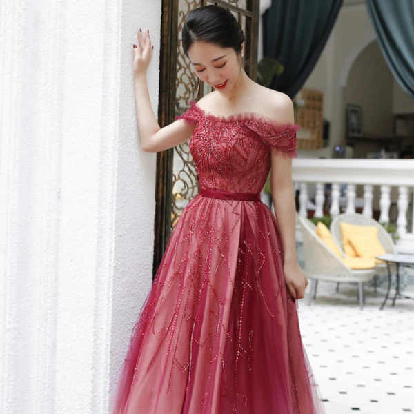Elegant Red Dancing Prom Dresses 2020 A-Line / Princess Off-The-Shoulder Short Sleeve Sash Beading Floor-Length / Long Ruffle Backless Formal Dresses