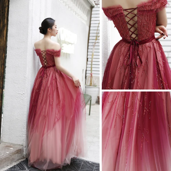 Elegant Red Dancing Prom Dresses 2020 A-Line / Princess Off-The-Shoulder Short Sleeve Sash Beading Floor-Length / Long Ruffle Backless Formal Dresses