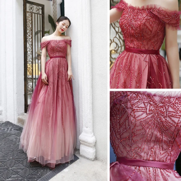 Elegant Red Dancing Prom Dresses 2020 A-Line / Princess Off-The-Shoulder Short Sleeve Sash Beading Floor-Length / Long Ruffle Backless Formal Dresses