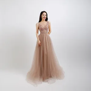 Sexy Perle Rose Robe De Bal 2020 Princesse Transparentes Col V Profond Sans Manches Perlage Perle Faux Diamant Longue Volants Dos Nu Robe De Ceremonie