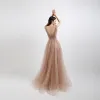 Sexy Pearl Pink Prom Dresses 2020 A-Line / Princess See-through Deep V-Neck Sleeveless Beading Pearl Rhinestone Floor-Length / Long Ruffle Backless Formal Dresses