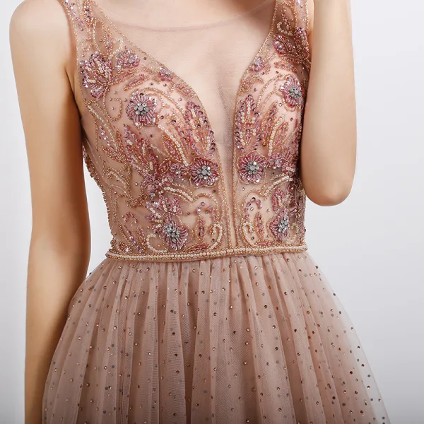 Sexy Pearl Pink Prom Dresses 2020 A-Line / Princess See-through Deep V-Neck Sleeveless Beading Pearl Rhinestone Floor-Length / Long Ruffle Backless Formal Dresses