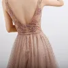 Sexy Pearl Pink Prom Dresses 2020 A-Line / Princess See-through Deep V-Neck Sleeveless Beading Pearl Rhinestone Floor-Length / Long Ruffle Backless Formal Dresses