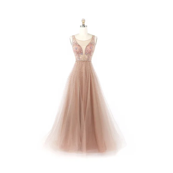 Sexy Pearl Pink Prom Dresses 2020 A-Line / Princess See-through Deep V-Neck Sleeveless Beading Pearl Rhinestone Floor-Length / Long Ruffle Backless Formal Dresses