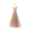 Sexy Pearl Pink Prom Dresses 2020 A-Line / Princess See-through Deep V-Neck Sleeveless Beading Pearl Rhinestone Floor-Length / Long Ruffle Backless Formal Dresses