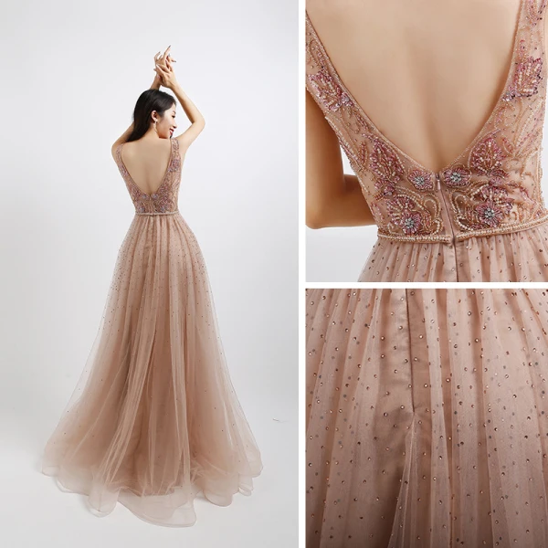 Sexy Pearl Pink Prom Dresses 2020 A-Line / Princess See-through Deep V-Neck Sleeveless Beading Pearl Rhinestone Floor-Length / Long Ruffle Backless Formal Dresses