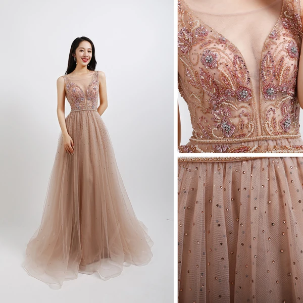 Sexy Pearl Pink Prom Dresses 2020 A-Line / Princess See-through Deep V-Neck Sleeveless Beading Pearl Rhinestone Floor-Length / Long Ruffle Backless Formal Dresses