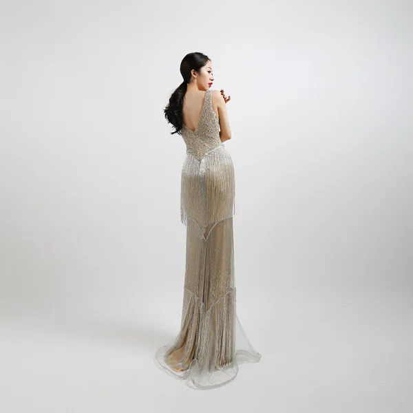 Haut de Gamme Argenté Robe De Soirée 2020 Trompette / Sirène Transparentes V-Cou Sans Manches Perlage Gland Paillettes Longue Dos Nu Robe De Ceremonie