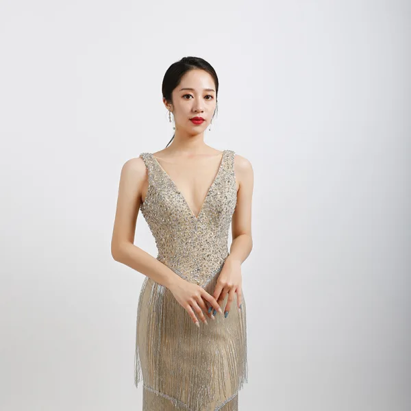 Haut de Gamme Argenté Robe De Soirée 2020 Trompette / Sirène Transparentes V-Cou Sans Manches Perlage Gland Paillettes Longue Dos Nu Robe De Ceremonie
