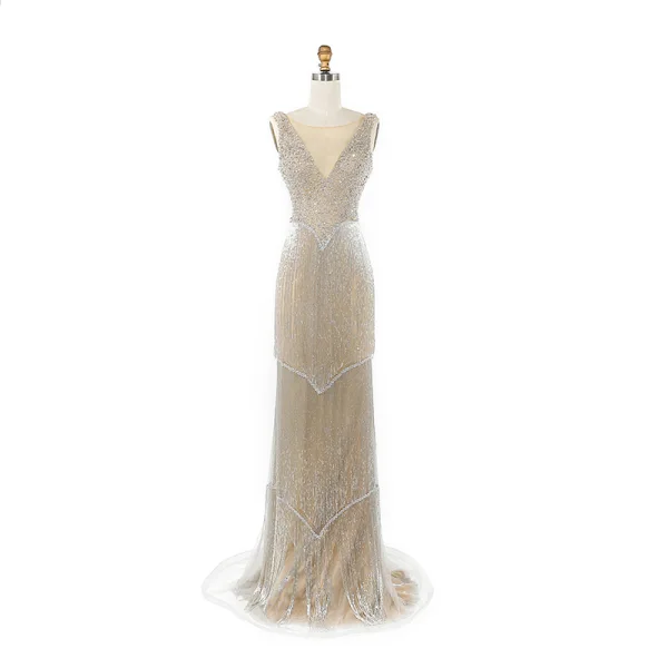 Haut de Gamme Argenté Robe De Soirée 2020 Trompette / Sirène Transparentes V-Cou Sans Manches Perlage Gland Paillettes Longue Dos Nu Robe De Ceremonie