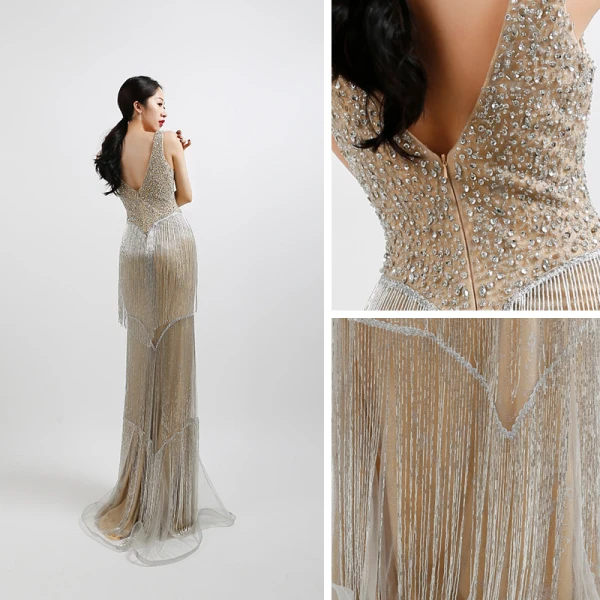 Haut de Gamme Argenté Robe De Soirée 2020 Trompette / Sirène Transparentes V-Cou Sans Manches Perlage Gland Paillettes Longue Dos Nu Robe De Ceremonie