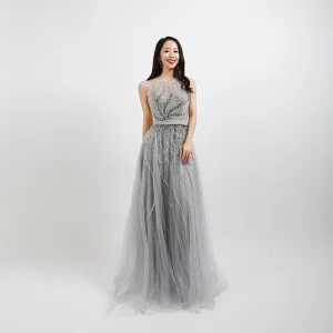 Illusion Grey Dancing See Through Prom Dresses 2020 A Line Princess Square Neckline Sleeveless Beading Rhinestone Sequins Sash Floor Length Long Ruffle Formal Dresses