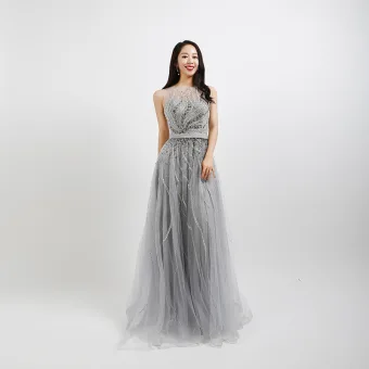 Illusion Grå Dansande Genomskinliga Balklänningar 2020 Prinsessa Fyrkantig Ringning Ärmlös Beading Rhinestone Paljetter Skärp Långa Ruffle Formella Klänningar