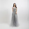 Illusion Grey Dancing See-through Prom Dresses 2020 A-Line / Princess Square Neckline Sleeveless Beading Rhinestone Sequins Sash Floor-Length / Long Ruffle Formal Dresses
