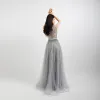 Illusion Grey Dancing See-through Prom Dresses 2020 A-Line / Princess Square Neckline Sleeveless Beading Rhinestone Sequins Sash Floor-Length / Long Ruffle Formal Dresses