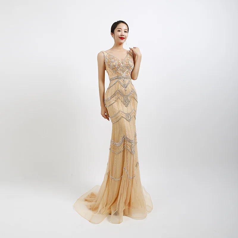 High-end Gold Evening Dresses With Shawl 2020 Trumpet / Mermaid Deep V-Neck Sleeveless Feather Beading Sweep Train Ruffle Backless Formal Dresses