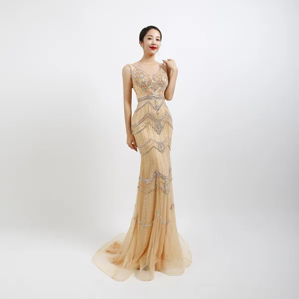 High-end Gold Evening Dresses  With Shawl 2020 Trumpet / Mermaid Deep V-Neck Sleeveless Feather Beading Sweep Train Ruffle Backless Formal Dresses