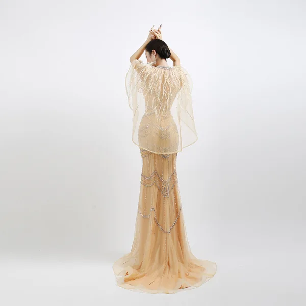 High-end Gold Evening Dresses  With Shawl 2020 Trumpet / Mermaid Deep V-Neck Sleeveless Feather Beading Sweep Train Ruffle Backless Formal Dresses