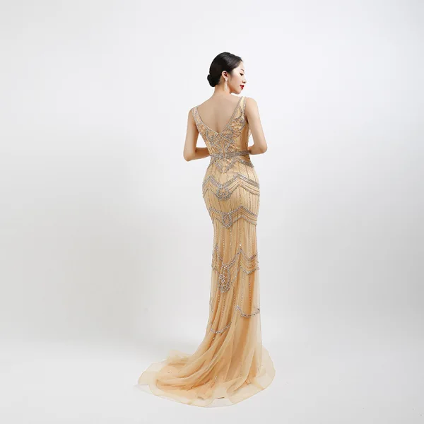 High-end Gold Evening Dresses  With Shawl 2020 Trumpet / Mermaid Deep V-Neck Sleeveless Feather Beading Sweep Train Ruffle Backless Formal Dresses