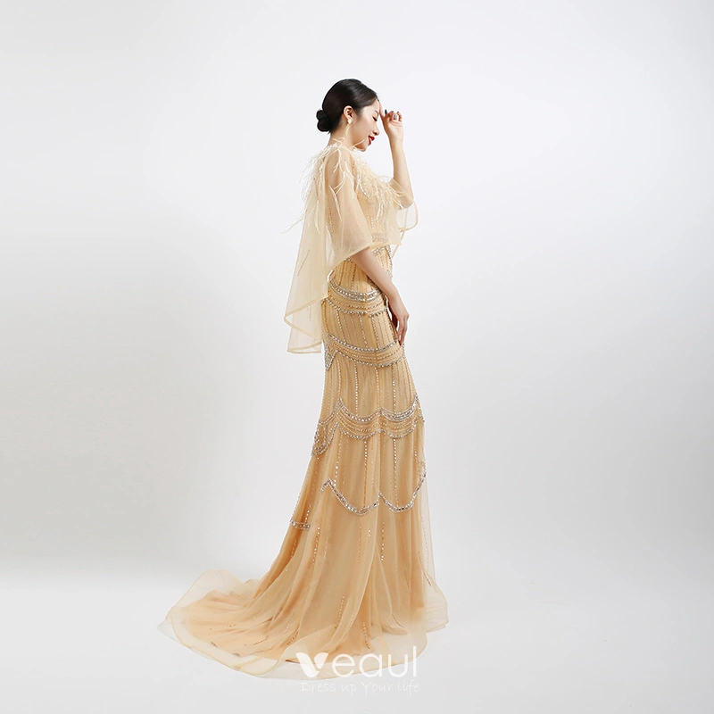 High-end Gold Evening Dresses With Shawl 2020 Trumpet / Mermaid Deep V ...