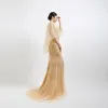 High-end Gold Evening Dresses  With Shawl 2020 Trumpet / Mermaid Deep V-Neck Sleeveless Feather Beading Sweep Train Ruffle Backless Formal Dresses